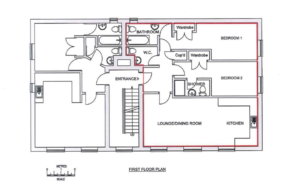 Lot: 68 - ENTIRE FREEHOLD BUILDING OF SIX FLATS ALL LET ON ASSURED SHORTHOLD TENANCIES - Second floor plan with 2 bed edged in red